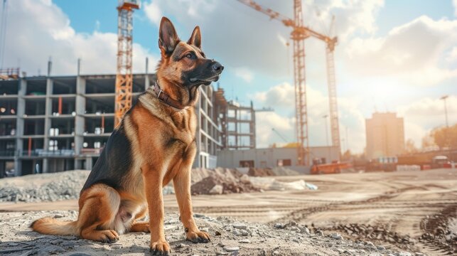 A guard dog trained for security purposes patrolling the construction site with a handler.