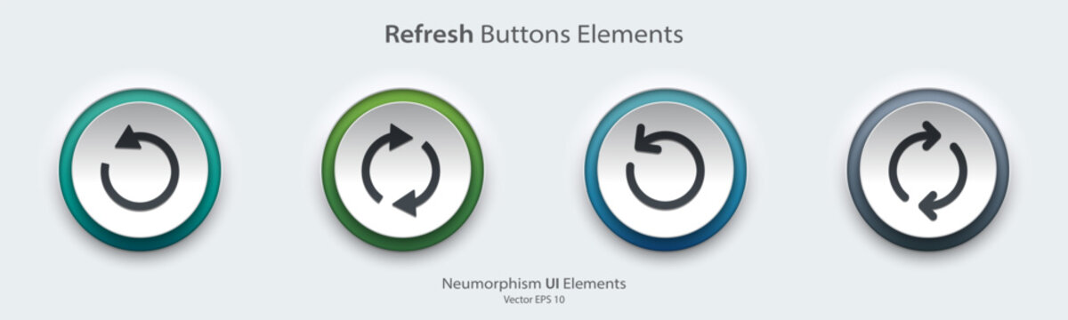 Refresh sign. A set of  white round buttons with Refresh symbols. Reload, recycle, redo and return icon . 3D Neumorphism design style for Apps, Websites, Interfaces, and mobile apps. UI UX.
