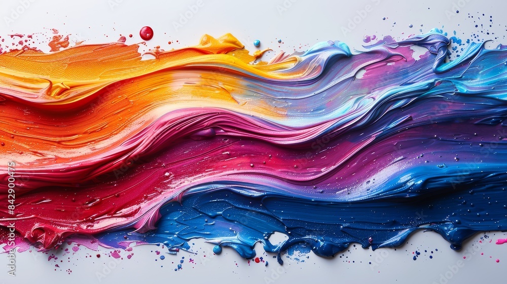 Poster dynamic waves of multicolored paint with splashes against a white background represent creativity an