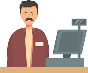 Male cashier standing behind counter at the checkout working in a grocery store