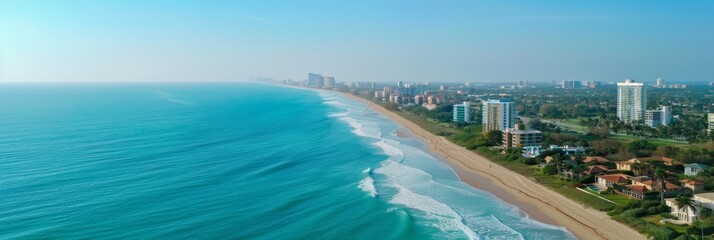 The expansive beauty of a coastal scene, featuring a pristine beach, azure waters, and distant cityscape, from an aerial perspective.