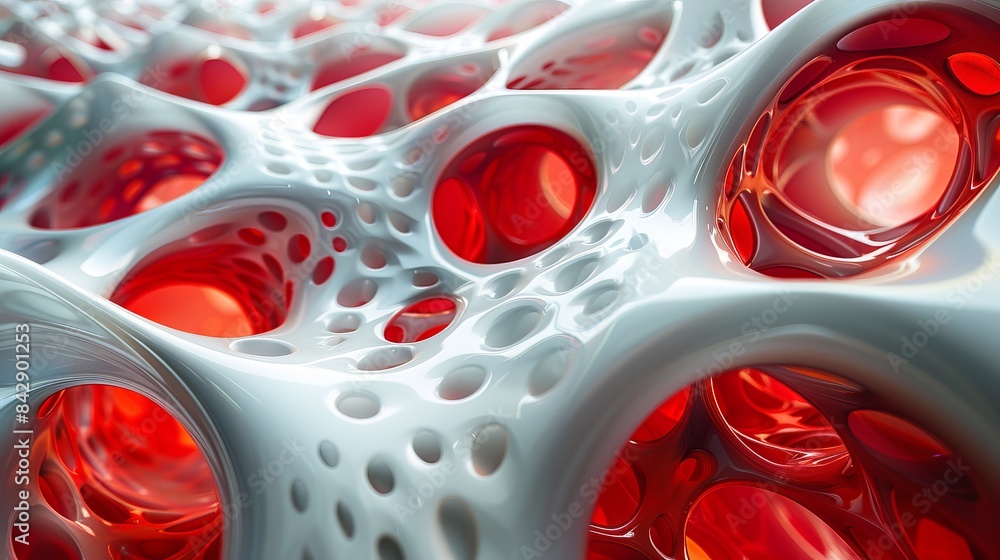 Poster a striking visual of red elements within a white organic structure for a dynamic and modern look