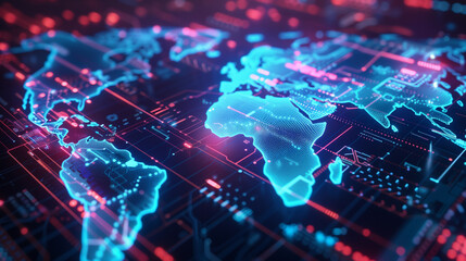 Obraz premium Digital world map with glowing circuits and futuristic design
