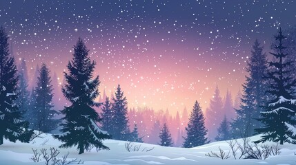 Fototapeta premium Scenic Winter Landscape with Snow-Covered Fir Trees and Pines under a Starry Night Sky. Coniferous Forest Perfect for Christmas Decoration