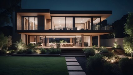 Modern house with garden illuminated at night, beautiful sight