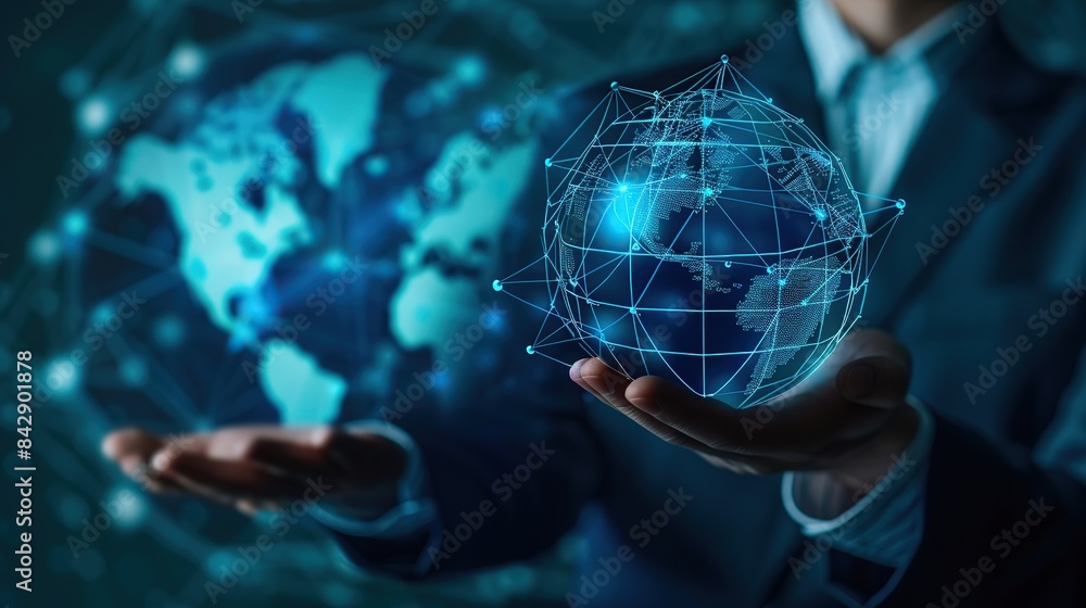 Aufkleber businessman holding global network connection on social networking and customer data. generative ai