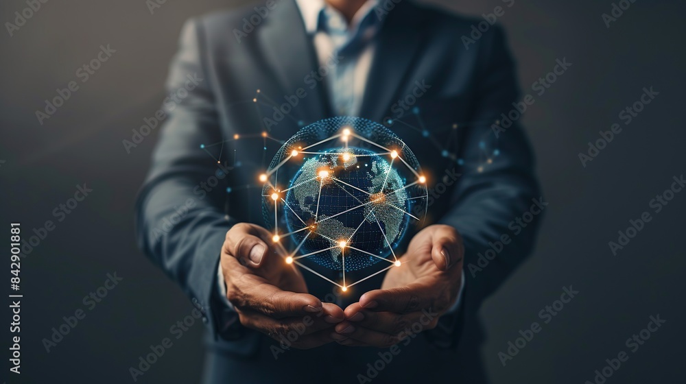 Aufkleber businessman holding global network connection on social networking and customer data. generative ai