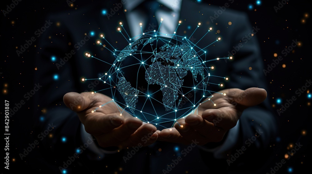Aufkleber businessman holding global network connection on social networking and customer data. generative ai