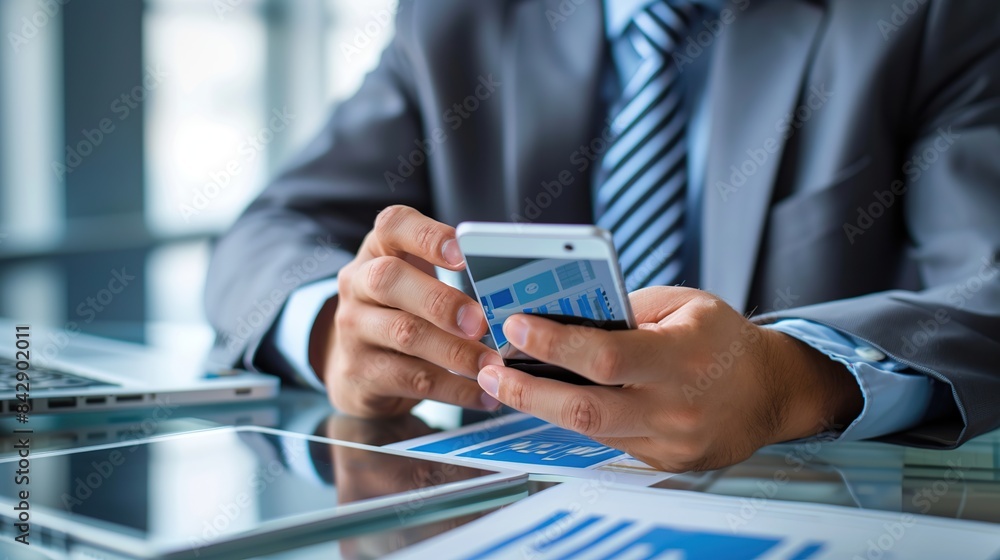 Aufkleber businessman using mobile smart phone. business global internet connection application. generative ai
