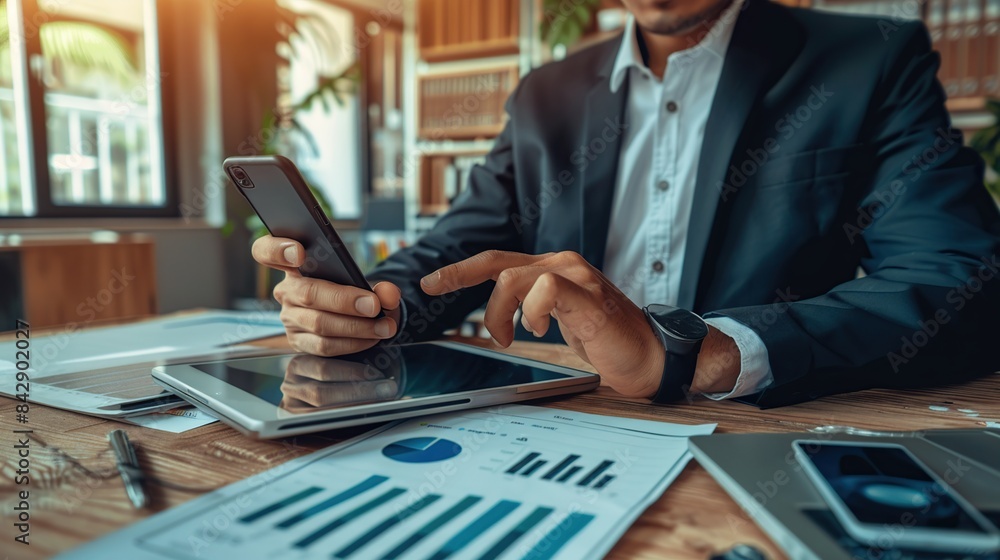 Aufkleber businessman using mobile smart phone. business global internet connection application. generative ai