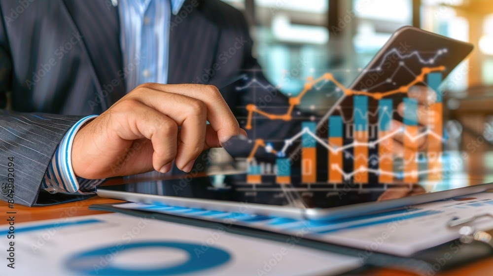 Poster businessman using tablet analyzing sales data and economic growth graph chart. generative ai