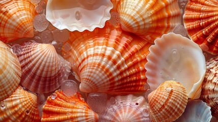 A variety of seashells are captured in close-up, showcasing their intricate patterns and vibrant colors with water droplets enhancing their texture