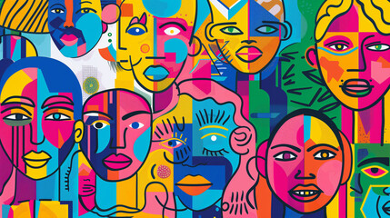 Obraz premium Colorful abstract portrait of diverse faces in modern art style