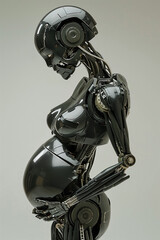 Fototapeta premium technical evolution, future, pregnant robot cyborg stands upside in profile, holding belly, black chrome plating, sleek and elegant curves, light background, photorealistic // ai-generated 