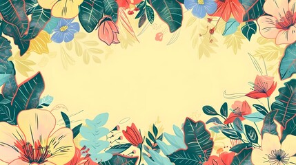 Vibrant Tropical Foliage Frame with Colorful Botanical Leaves and Flowers in Lush Jungle Nature Background