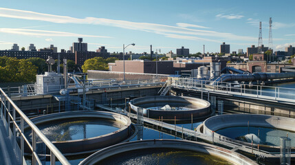 Naklejka premium Infrastructure of a Water Treatment Plant with Circular Tanks and Pipes in City Environment