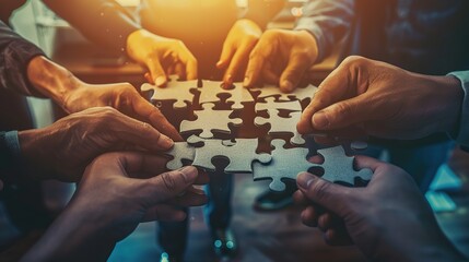 Concept of teamwork and partnership. Hands join puzzle pieces in the office. business. Generative Ai