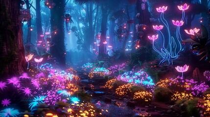  A captivating and mysterious scene with glowing plants and flowers creating a mesmerizing path in a dark, magical forest.