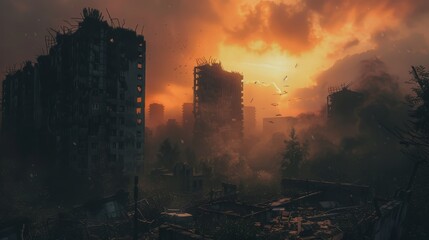 Fototapeta premium A desolate cityscape with a sunset in the background