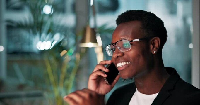 Black man, business and night with phone call for proposal, online advice or discussion at office. Young African, accountant or financial advisor talking late on mobile smartphone for budget or help
