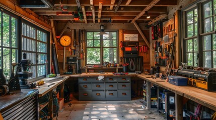 A workshop with tools, a workbench, and storage for DIY projects and repairs.