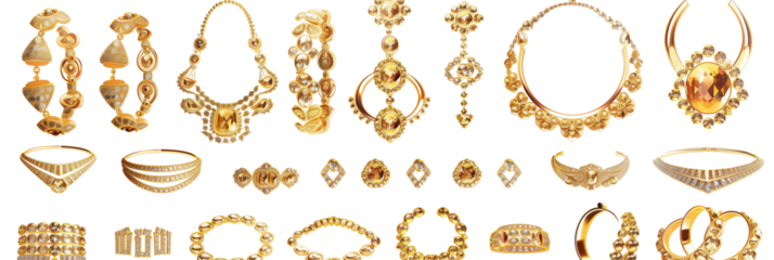 set of golden jewelry isolated on white background 