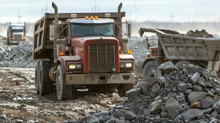 Large dump trucks hauling massive piles of crushed stone and gravel to be used as a base for the foundation.