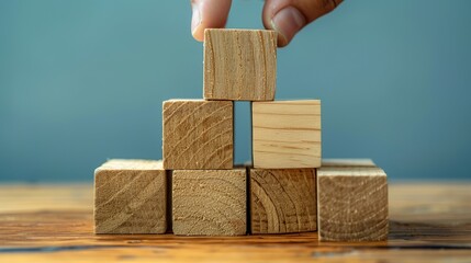 business development concept,Hand arranging wood block stacking with business strategy.Generative Ai
