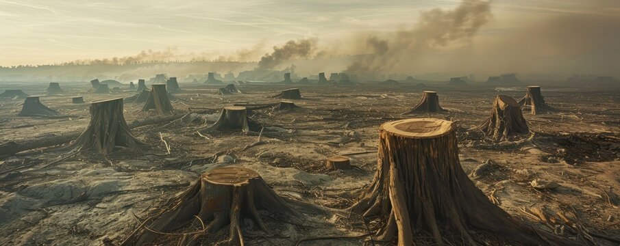 A barren landscape with tree stumps and smoke, showcasing the aftermath of deforestation and environmental destruction.
