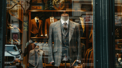 Fototapeta premium Classic Men's Store Display with Vintage Suit and Surrounding Timeless Fashion Pieces