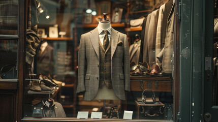 Classic Men's Store Display with Vintage Suit and Surrounding Timeless Fashion Pieces