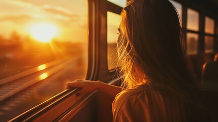 A woman gazes out of a train window during a sunset, capturing the serene and reflective moment of travel and the beauty of the evening light.