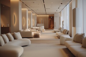 Fototapeta premium Stylish lounge area with white furniture and modern decor.
