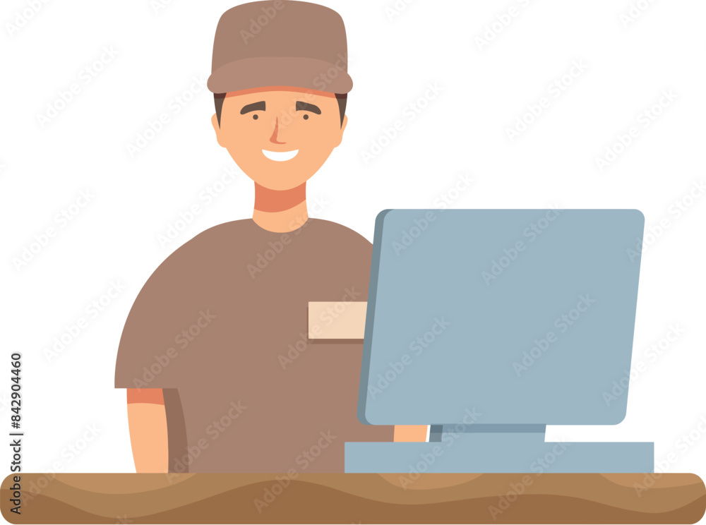 Poster delivery man is sitting at a desk using a desktop computer