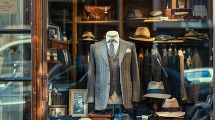 Classic Men's Store Display with Vintage Suit and Surrounding Timeless Fashion Pieces