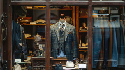 Classic Men's Store Display with Vintage Suit and Surrounding Timeless Fashion Pieces