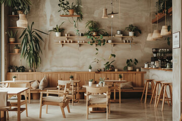 Cozy cafe with wooden furniture and green plants.
