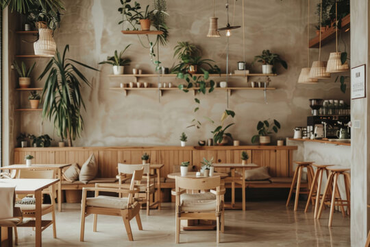 Cozy cafe with wooden furniture and green plants.