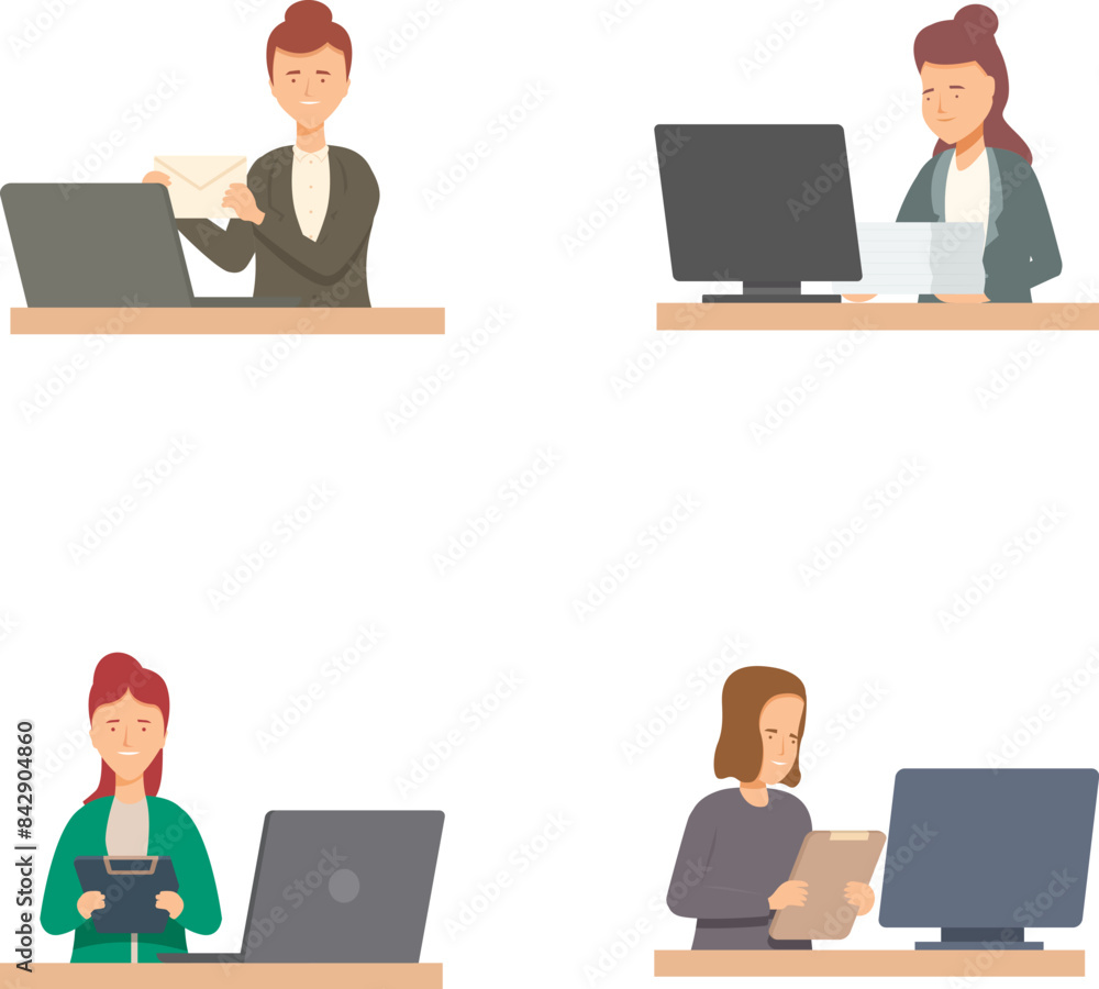 Poster collection of four flatdesign illustrations featuring professionals working at computers and taking 