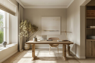 Fototapeta premium Cozy home office with natural light and green plants.