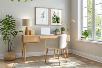 Cozy home office with natural light and green plants.