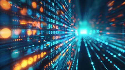 Obraz premium Abstract digital data background with glowing blue and orange binary code lines, representing technology, big data, and cyber world.