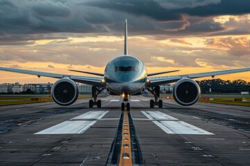 close-up of an airplane on the runway with all lights on .