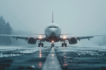 Naklejka premium close-up of an airplane on the runway with snow on the ground, also cloudy