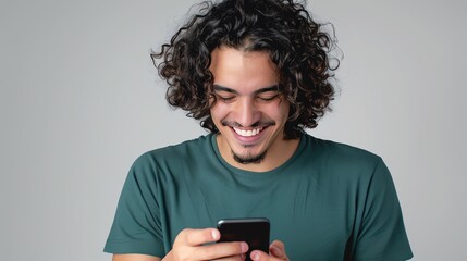 Smiling young man with curly hair, looking at his phone, green shirt, clean white backdrop, excited and delighted, isolated, happy moment, copy space