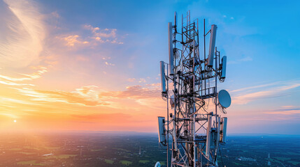 Modern Cell Tower Against Vibrant Sunset Sky