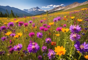 Obraz premium vibrant wildflower meadow distant mountain view, flowers, field, landscape, mountains, blooming, colorful, wildflowers, grassy, scenic, vista, scenery, floral