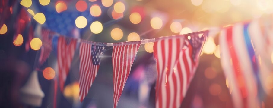 A closeup of a banner that says Happy Independence Day, strung up with mini American flags