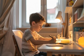 Elderly man reading in a well-lit room with a bookshelf in the background.