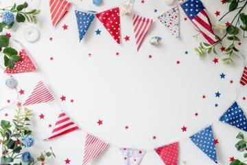 Obraz premium A flat lay of patrioticthemed garden decorations including flags and lights, on a clean, white background with ample copy space